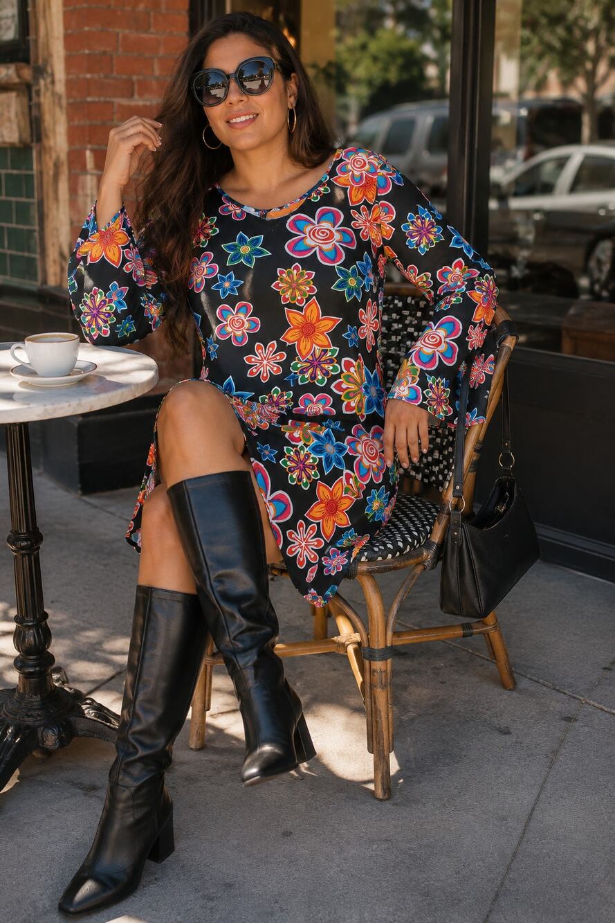 Womens L Black Floral Mini Dress 60s Mod Y2K Psychedelic Stretch Long Sleeve